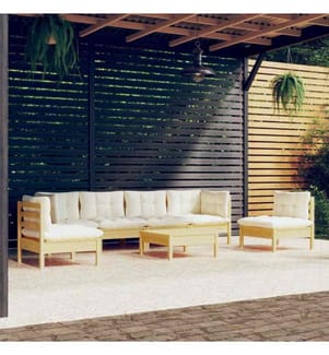 7-tlg. Garten-Lounge-Set mit Creme Kissen Massivholz Kiefer