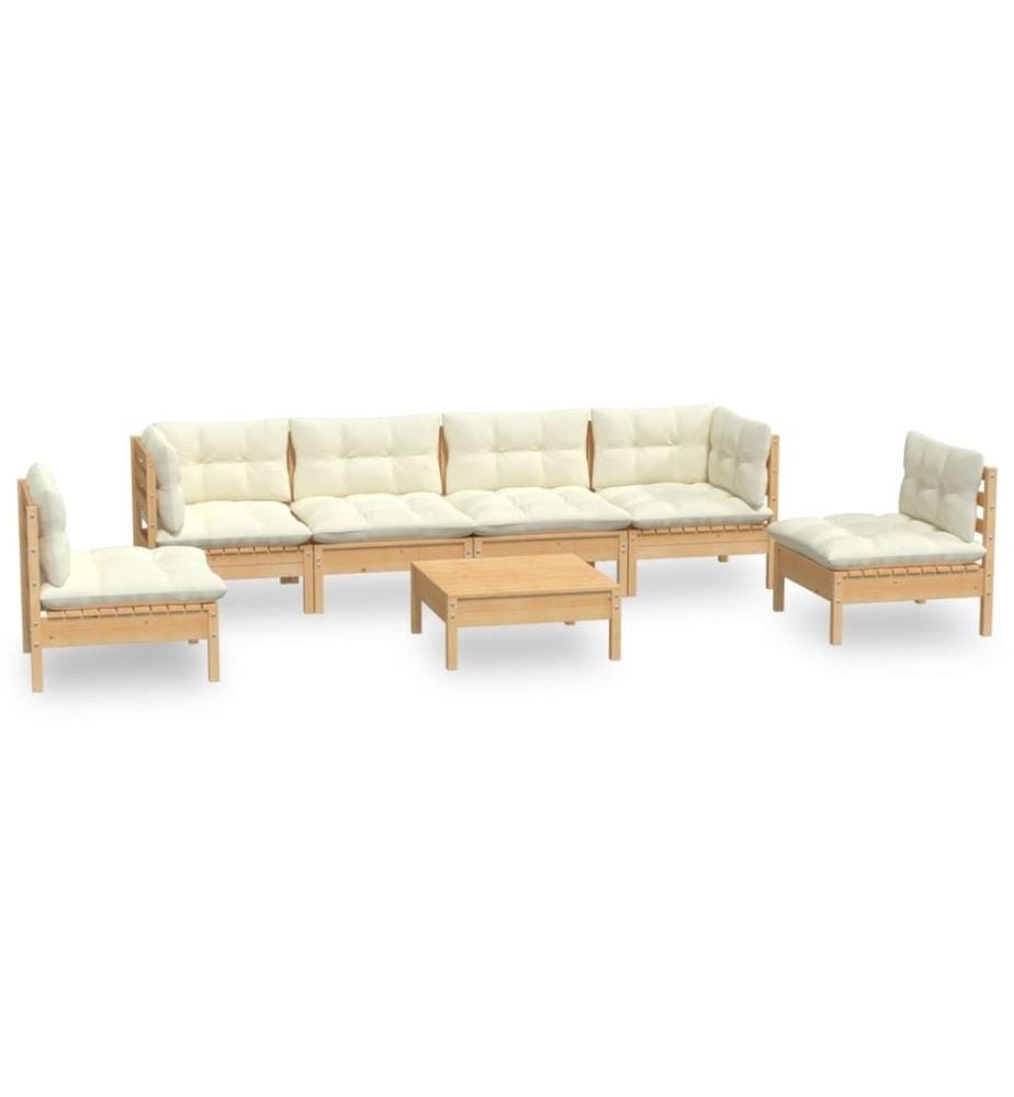 Salon de jardin 7 pcs avec coussins crème bois de pin massif