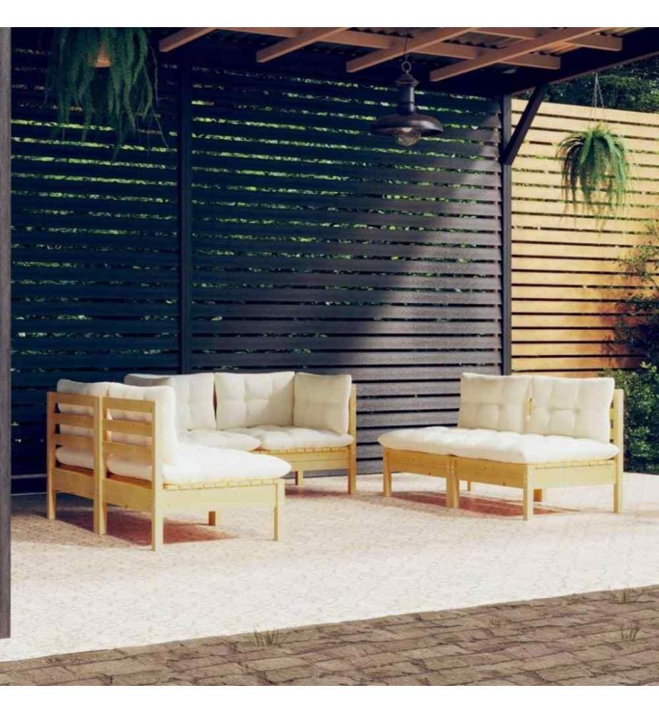 Salon de jardin 6 pcs avec coussins crème Bois de pin massif