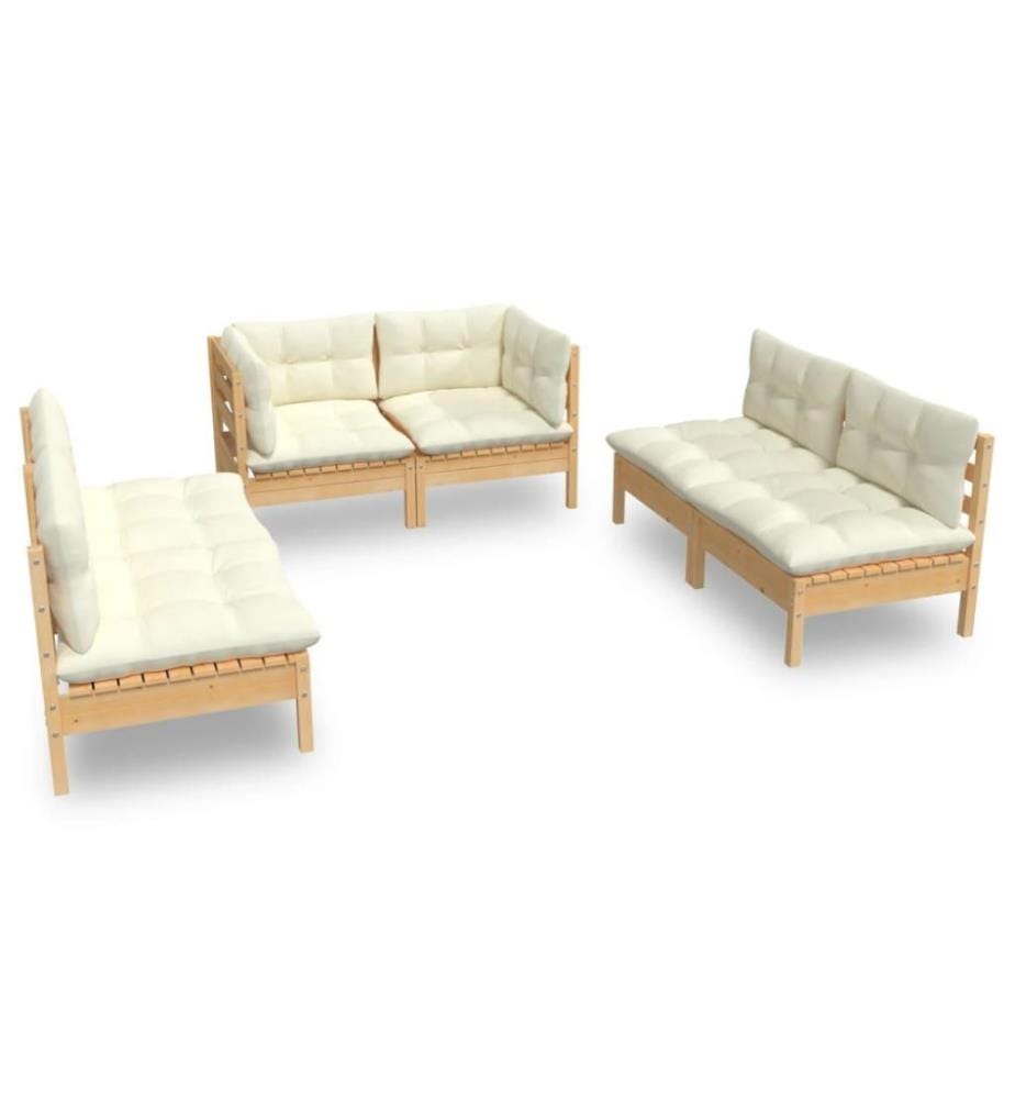 Salon de jardin 6 pcs avec coussins crème Bois de pin massif