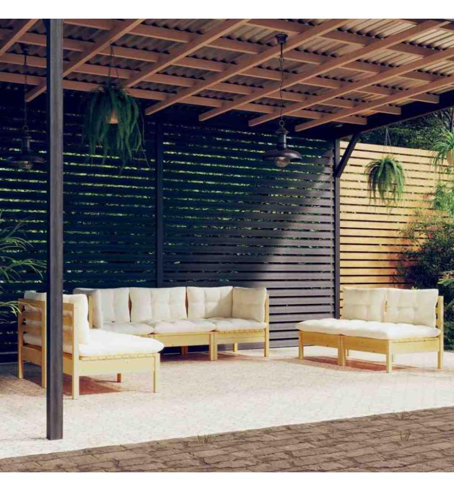 Salon de jardin 7 pcs avec coussins crème Bois de pin massif