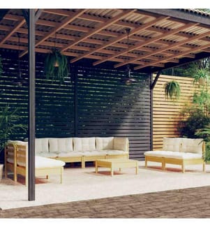 Salon de jardin 9 pcs avec coussins crème bois de pin massif