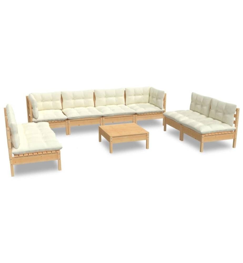 Salon de jardin 9 pcs avec coussins crème bois de pin massif