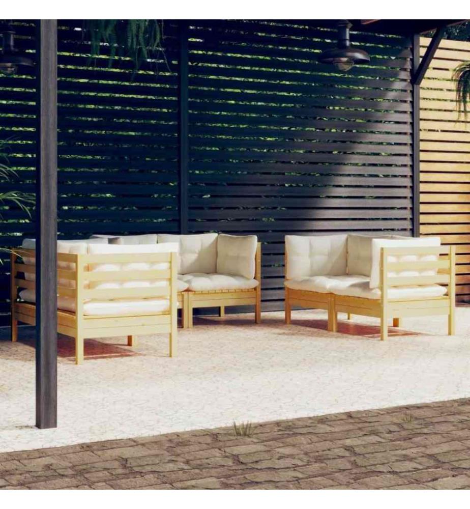 Salon de jardin 6 pcs avec coussins crème Bois de pin massif