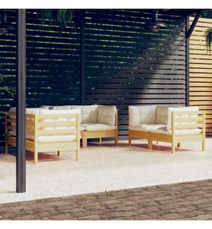 6-tlg. Garten-Lounge-Set mit Creme Kissen Massivholz Kiefer