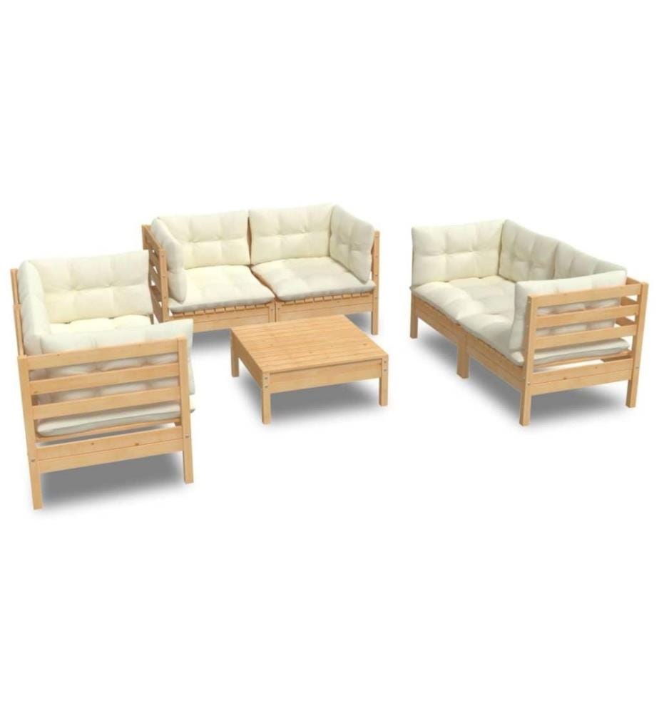 7-tlg. Garten-Lounge-Set mit Creme Kissen Massivholz Kiefer