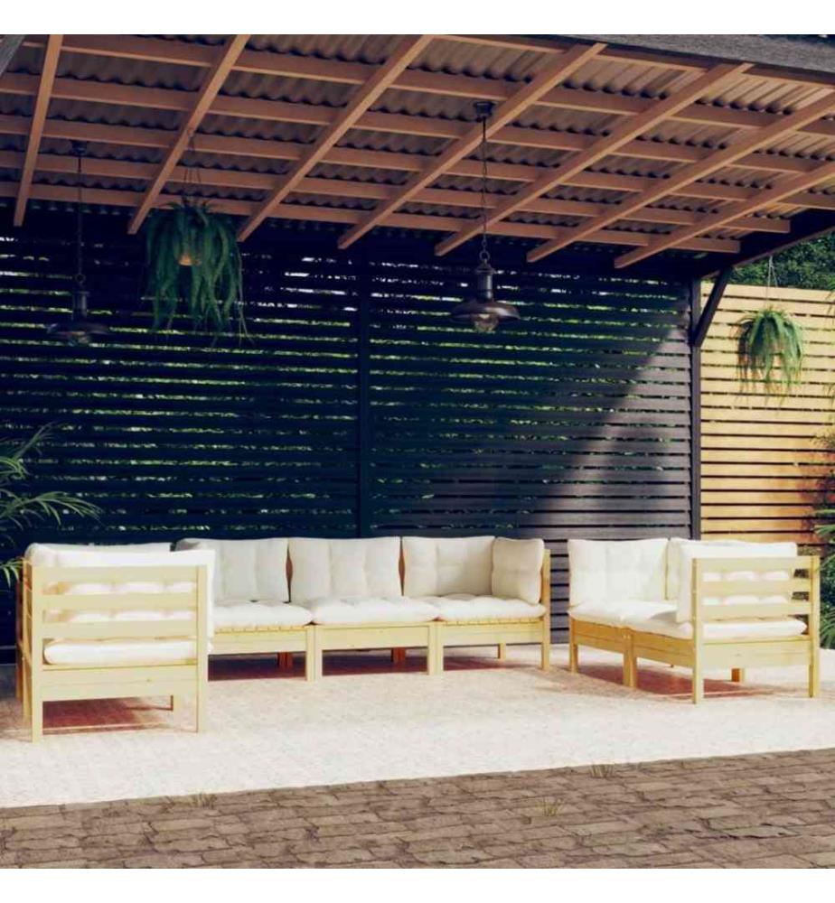 Salon de jardin 7 pcs avec coussins crème Bois de pin massif