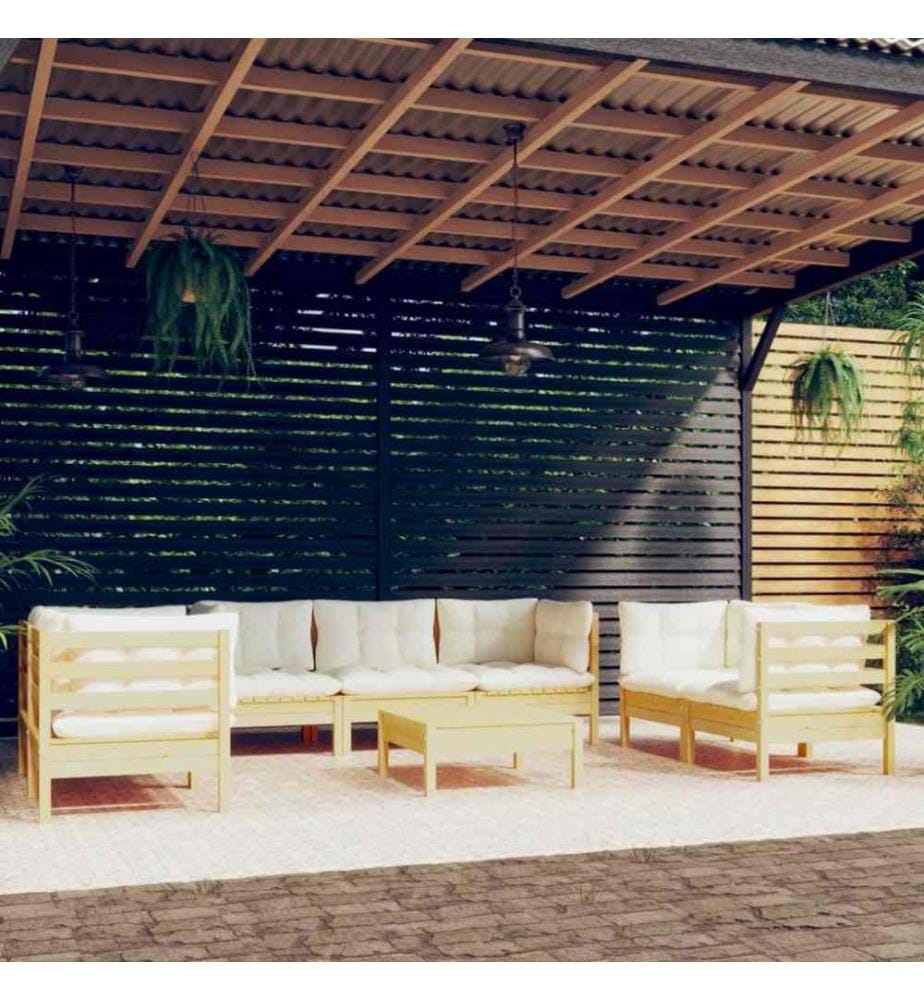 Salon de jardin 8 pcs avec coussins crème Bois de pin massif