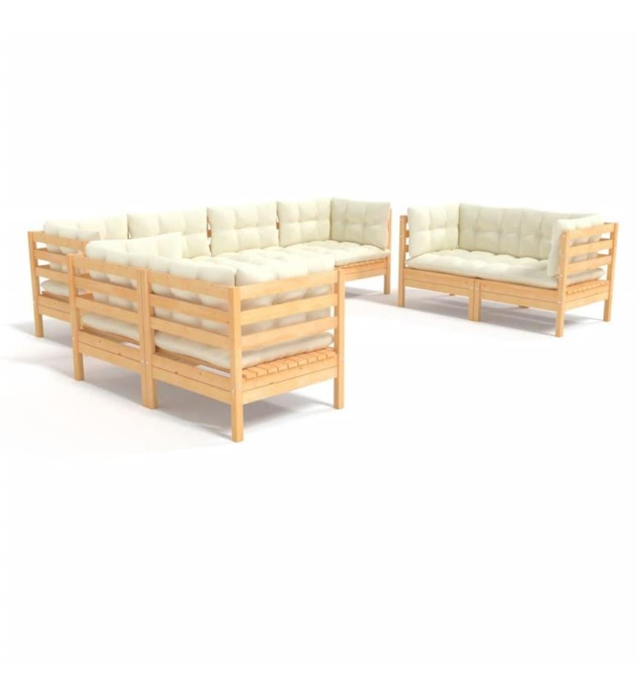 Salon de jardin 8 pcs avec coussins crème Bois de pin massif