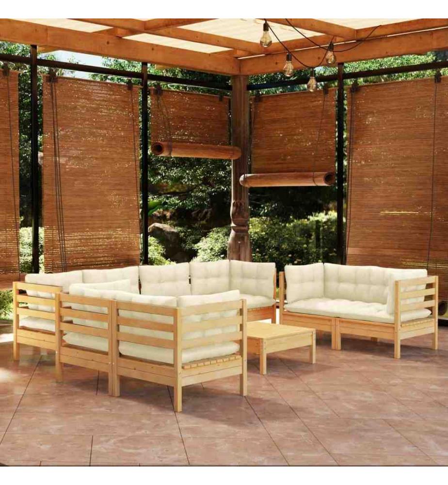 Salon de jardin 9 pcs avec coussins crème bois de pin massif