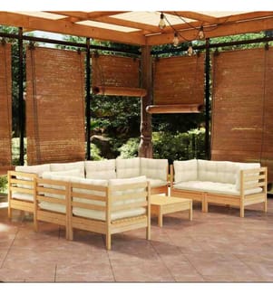 Salon de jardin 9 pcs avec coussins crème bois de pin massif