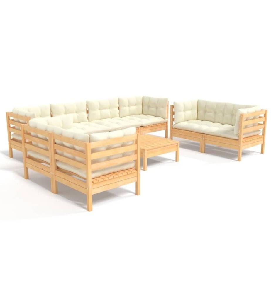 Salon de jardin 9 pcs avec coussins crème bois de pin massif