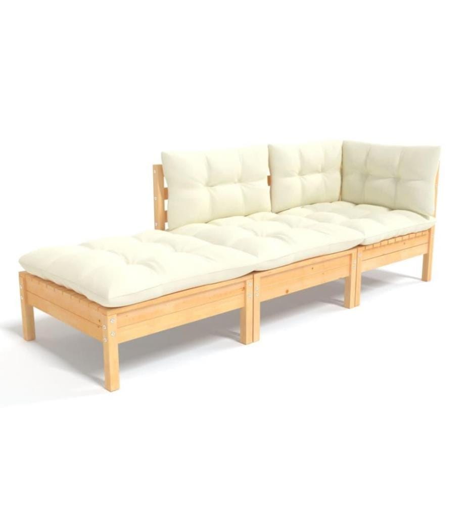 Salon de jardin 3 pcs avec coussins crème Bois de pin massif