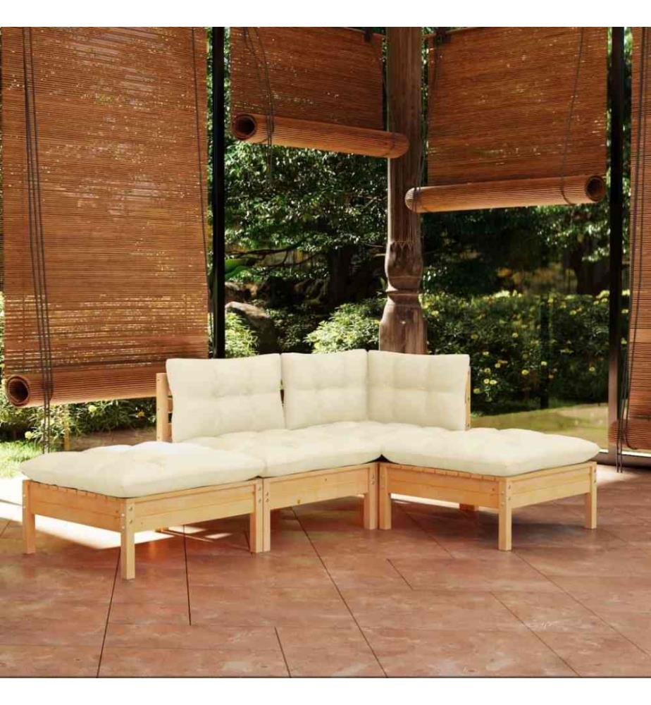 Salon de jardin 4 pcs avec coussins crème Bois de pin massif