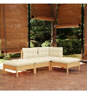 4-tlg. Garten-Lounge-Set mit Creme Kissen Kiefer Massivholz