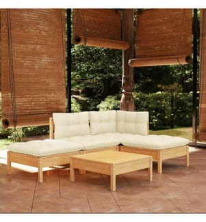 5-tlg. Garten-Lounge-Set mit Creme Kissen Kiefernholz