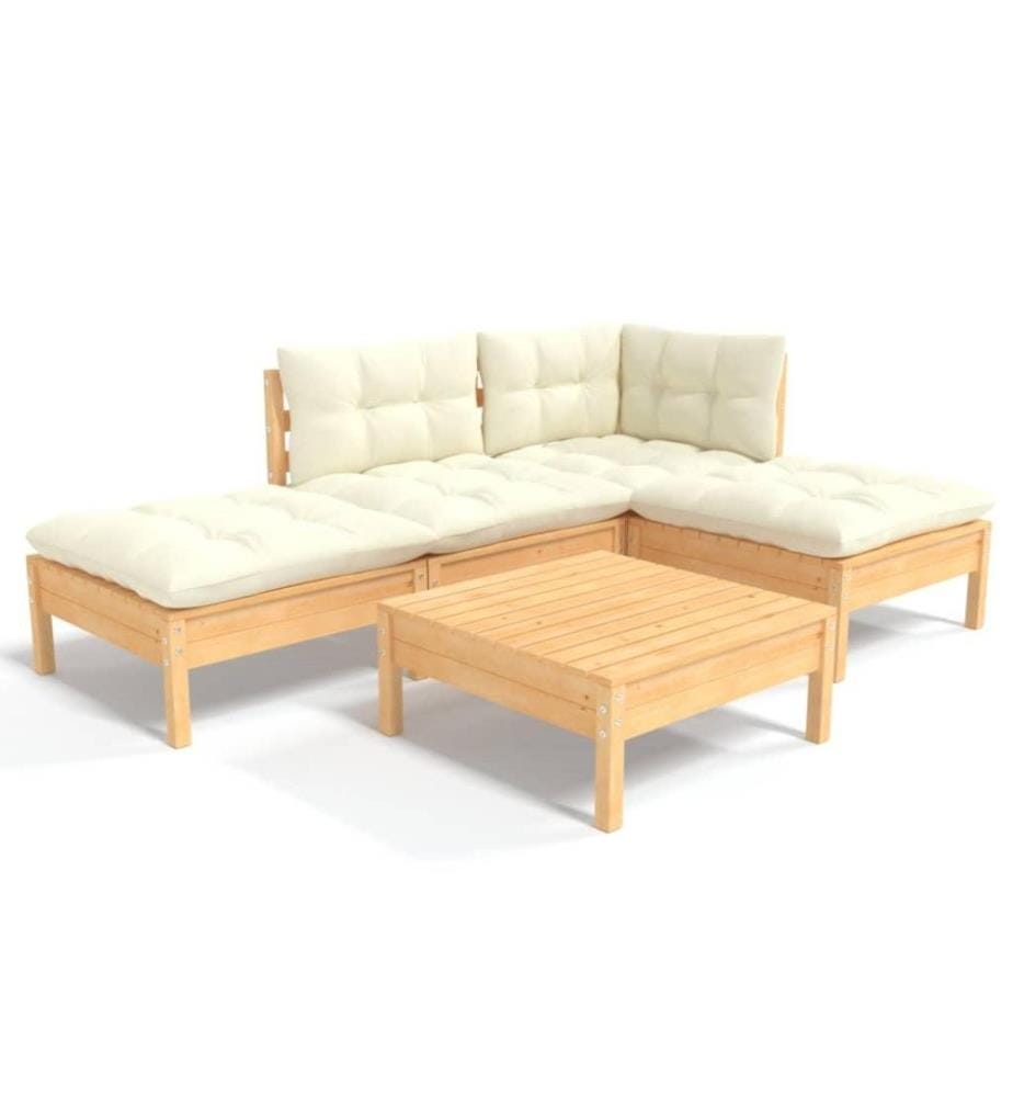Salon de jardin 5 pcs avec coussins crème Bois de pin