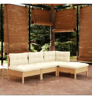 4-tlg. Garten-Lounge-Set mit Creme Kissen Kiefernholz