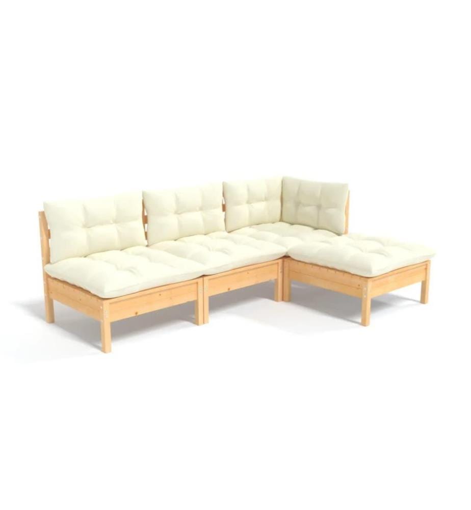 Salon de jardin 4 pcs avec coussins crème Bois de pin