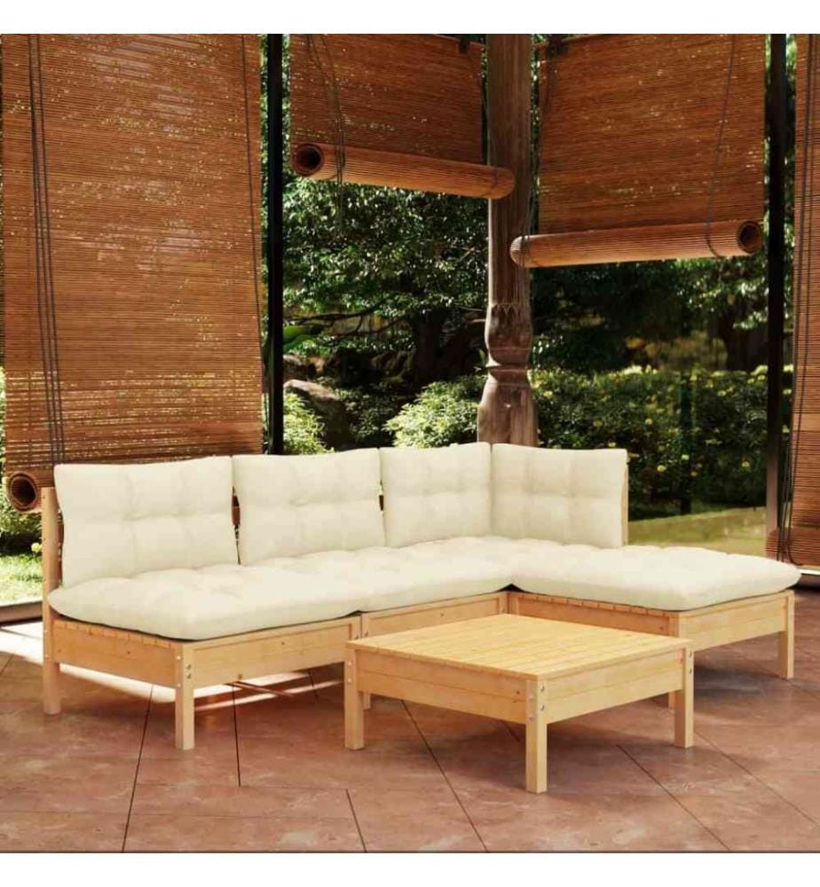 5-tlg. Garten-Lounge-Set mit Creme Kissen Kiefernholz