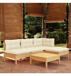 5-tlg. Garten-Lounge-Set mit Creme Kissen Kiefernholz