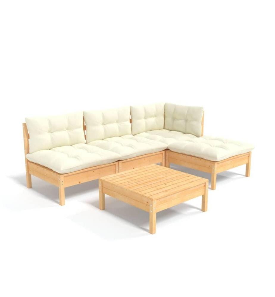 5-tlg. Garten-Lounge-Set mit Creme Kissen Kiefernholz