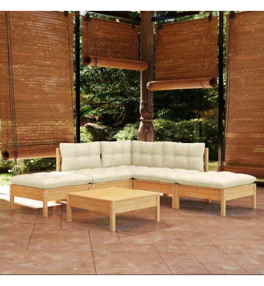 Salon de jardin 6 pcs avec coussins crème Bois de pin