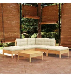 6-tlg. Garten-Lounge-Set mit Creme Kissen Kiefernholz
