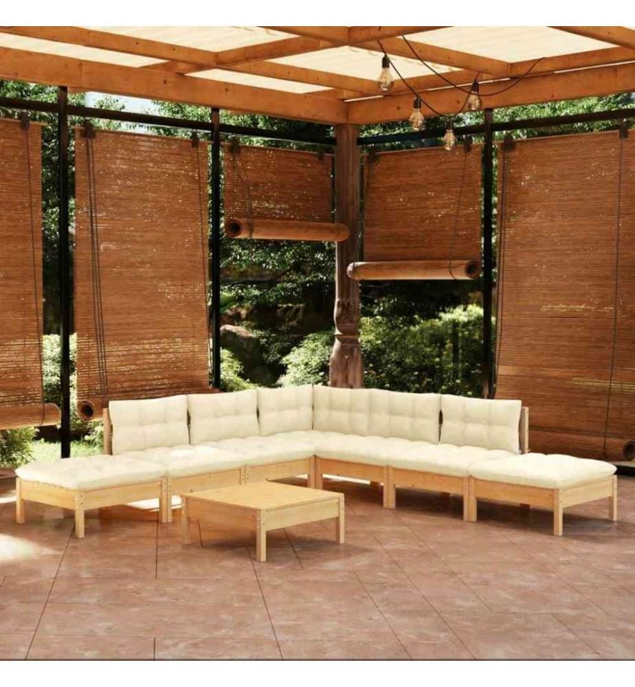 Salon de jardin 8 pcs avec coussins crème Bois de pin