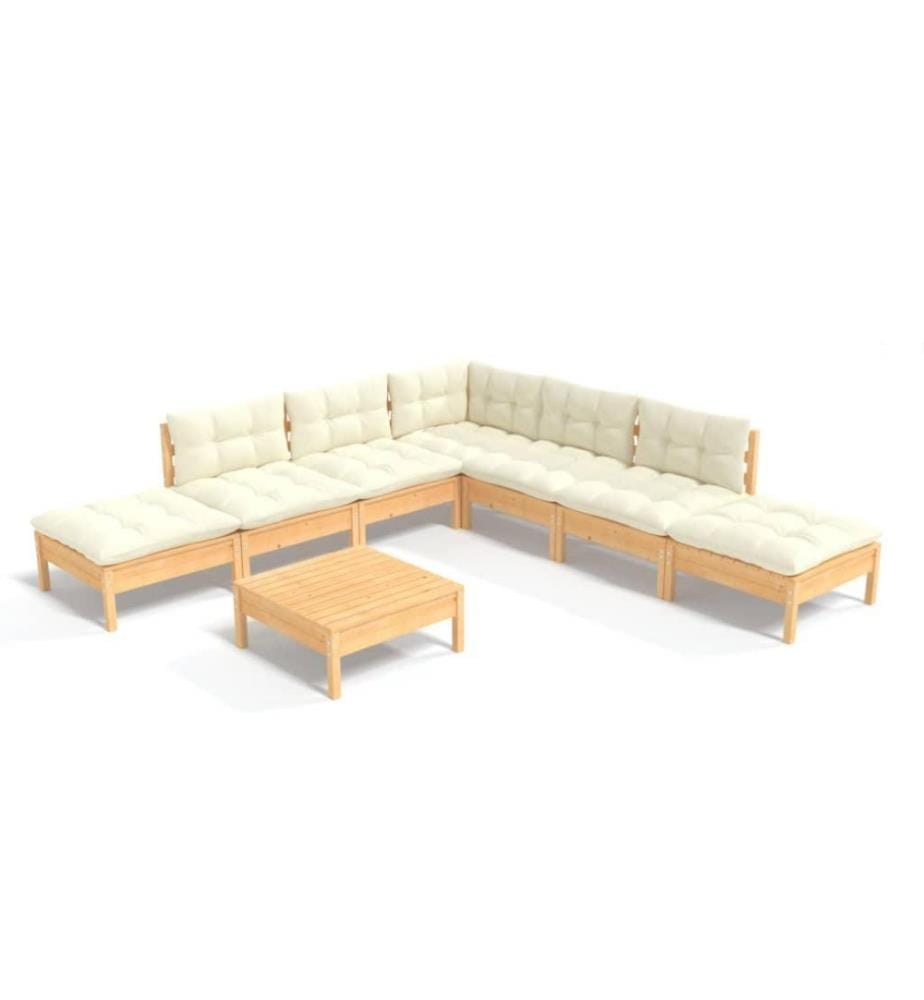 Salon de jardin 8 pcs avec coussins crème Bois de pin