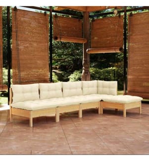 5-tlg. Garten-Lounge-Set mit Creme Kissen Kiefernholz