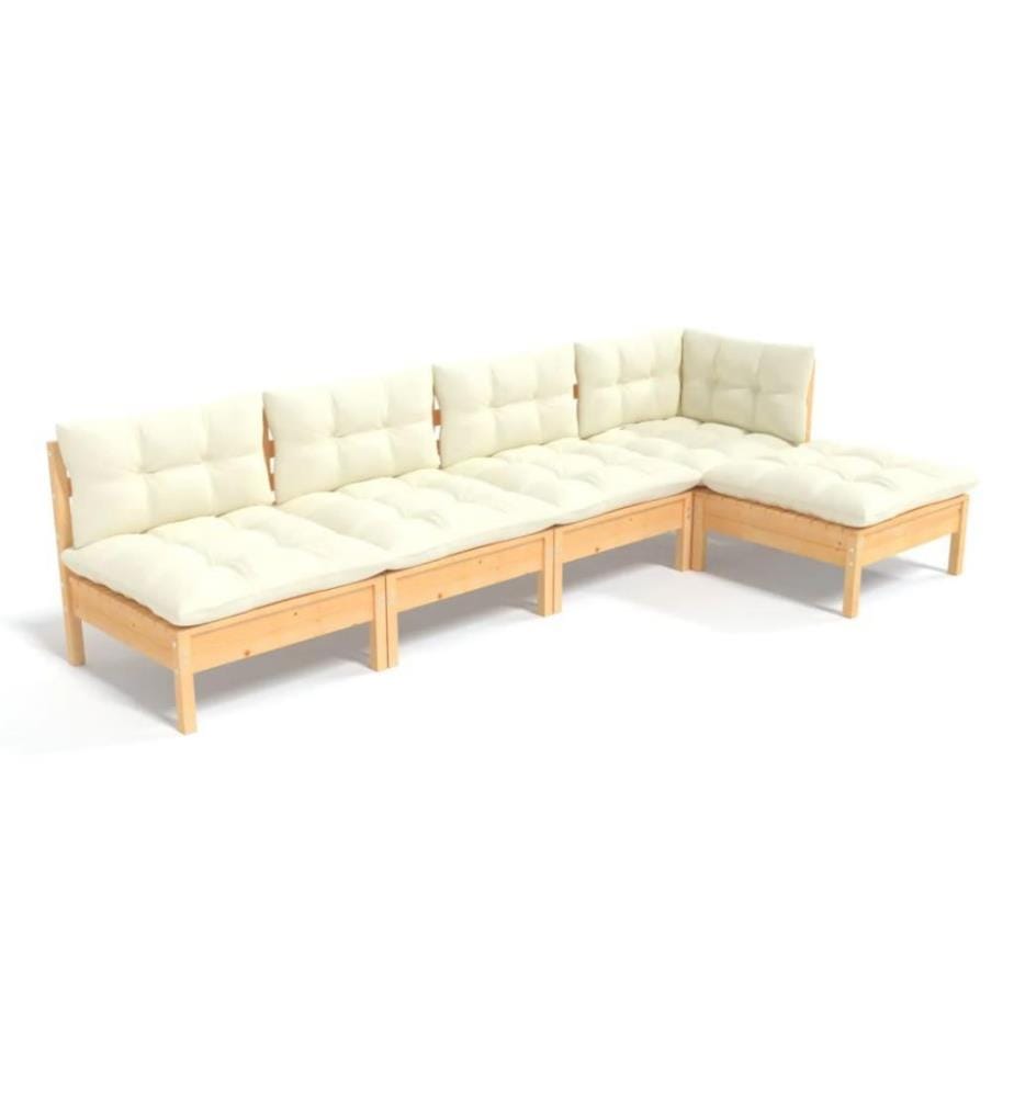 Salon de jardin 5 pcs avec coussins crème Bois de pin
