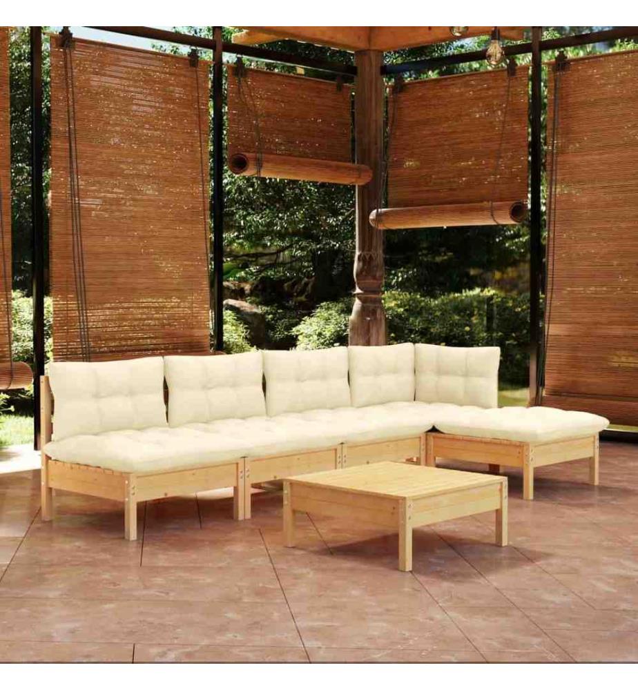 Salon de jardin 6 pcs avec coussins crème bois de pin
