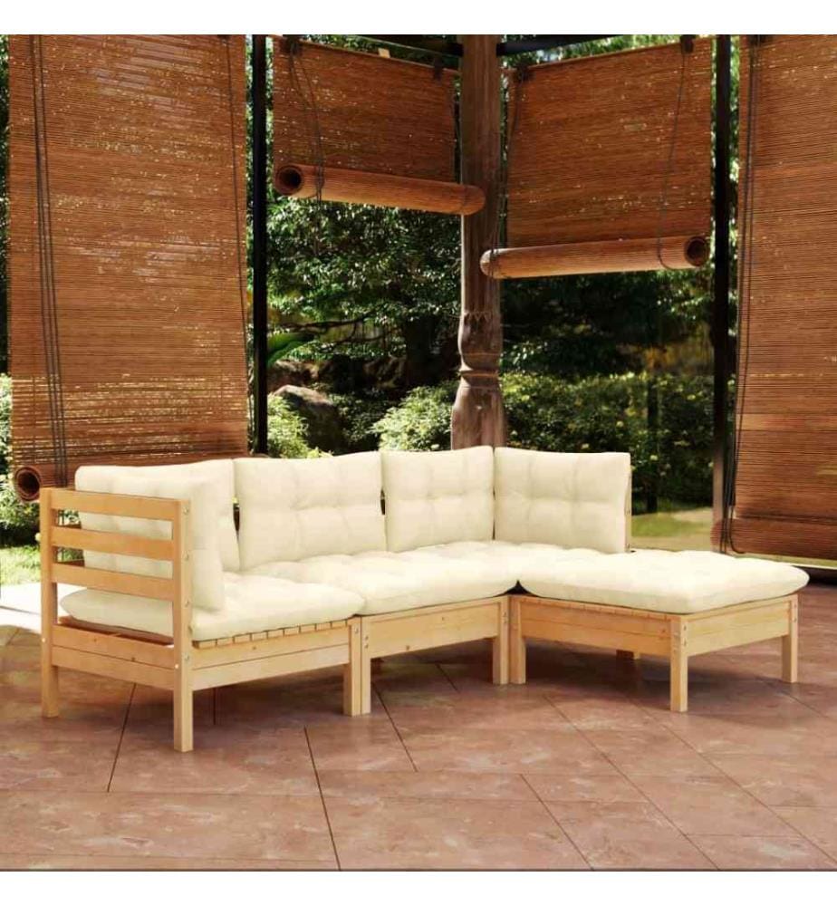 Salon de jardin 4 pcs avec coussins crème Bois de pin