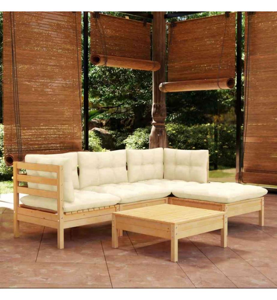 Salon de jardin 5 pcs avec coussins crème Bois de pin