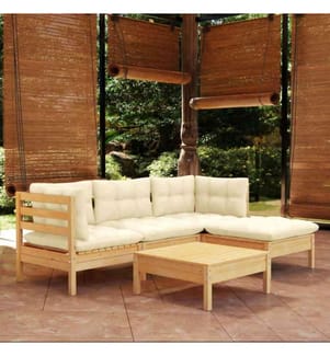 5-tlg. Garten-Lounge-Set mit Creme Kissen Kiefernholz