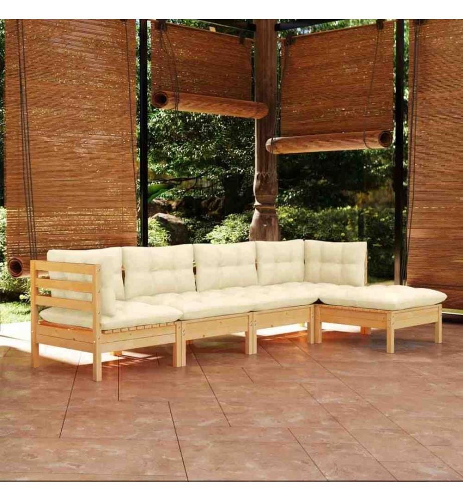 Salon de jardin 5 pcs avec coussins crème bois de pin
