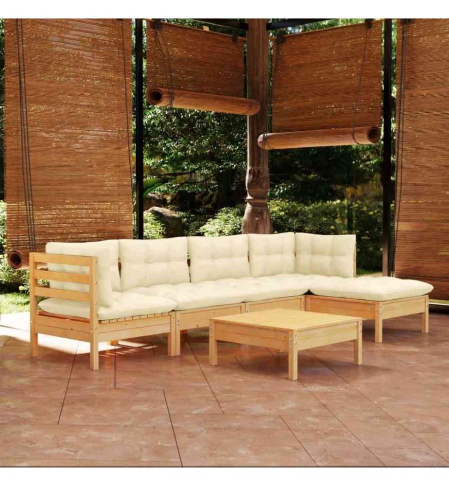 Salon de jardin 6 pcs avec coussins crème Bois de pin