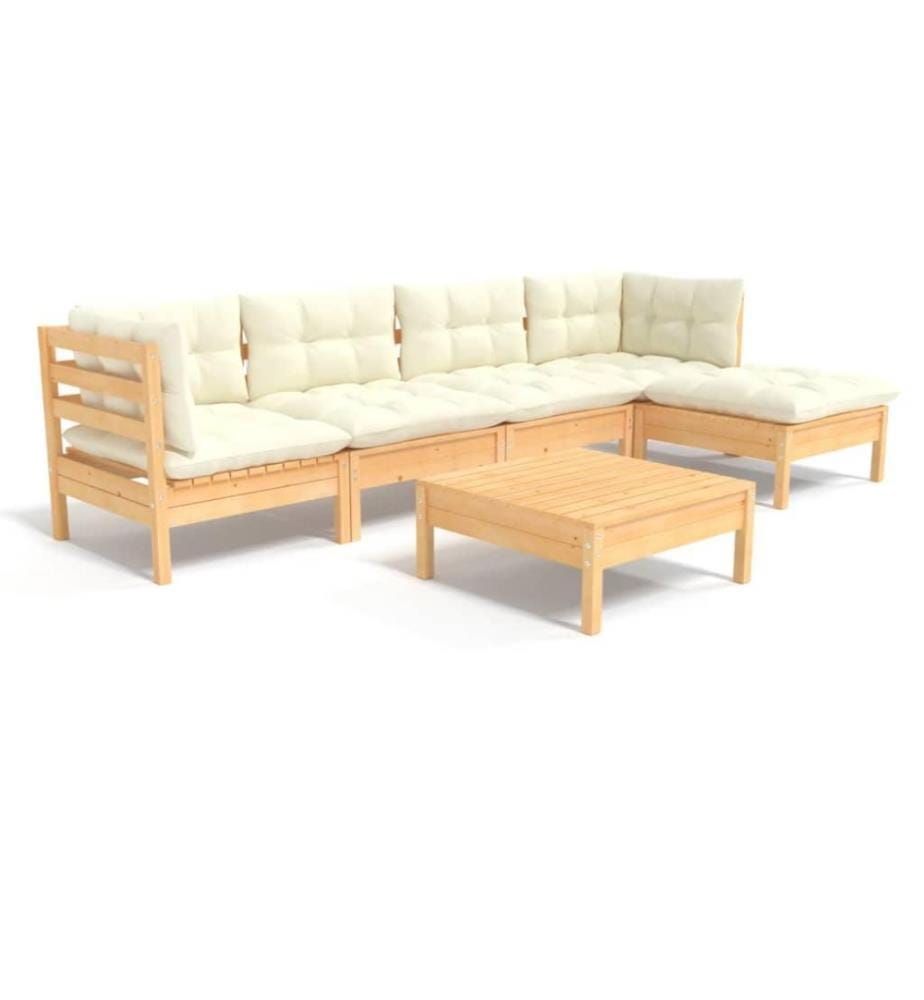 Salon de jardin 6 pcs avec coussins crème Bois de pin