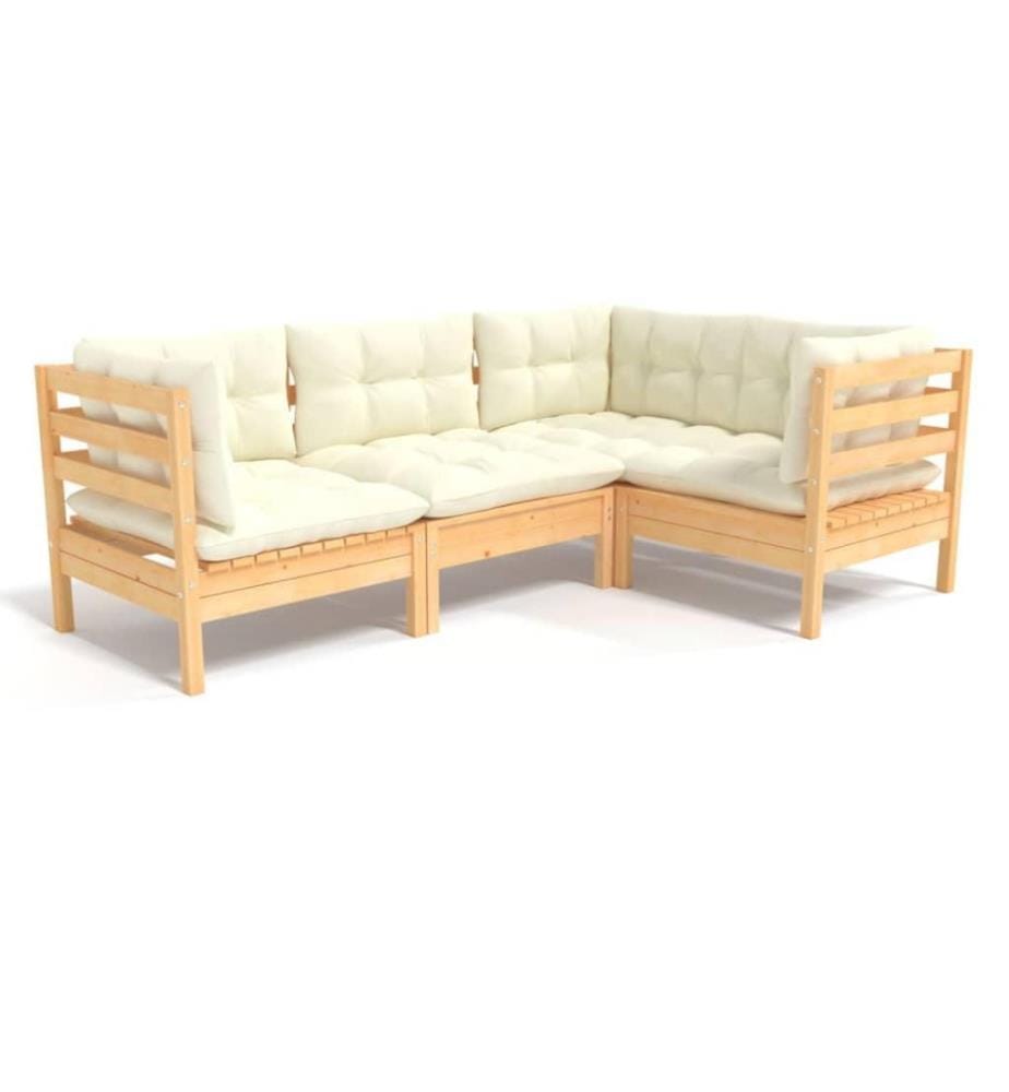 Salon de jardin 4 pcs avec coussins crème Bois de pin