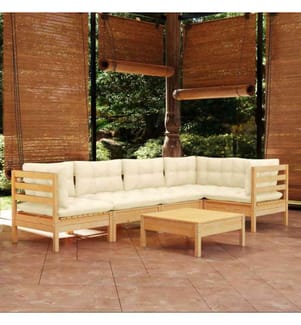 6-tlg. Garten-Lounge-Set mit Creme Kissen Kiefernholz