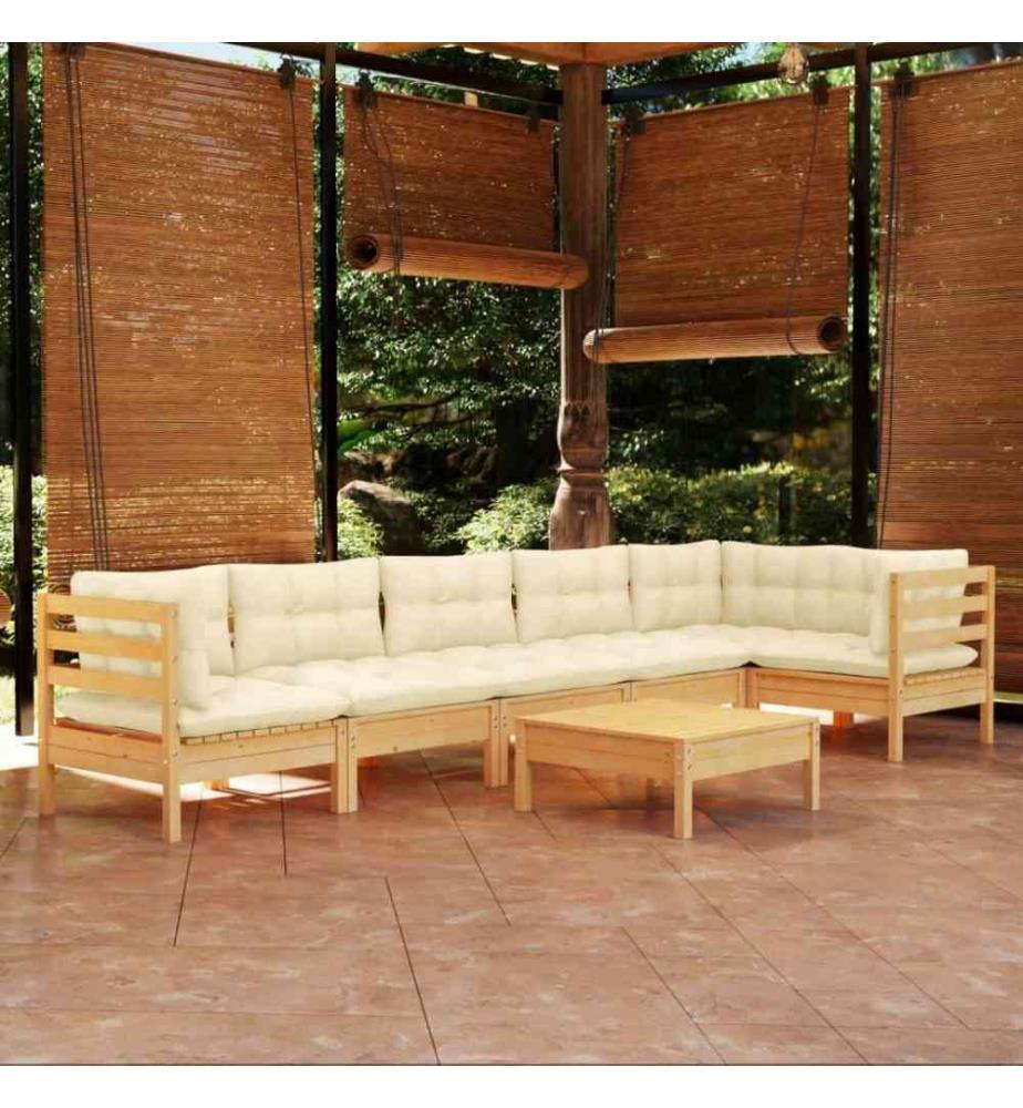 Salon de jardin 7 pcs avec coussins crème Bois de pin