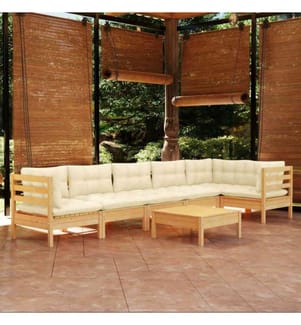 7-tlg. Garten-Lounge-Set mit Creme Kissen Kiefernholz