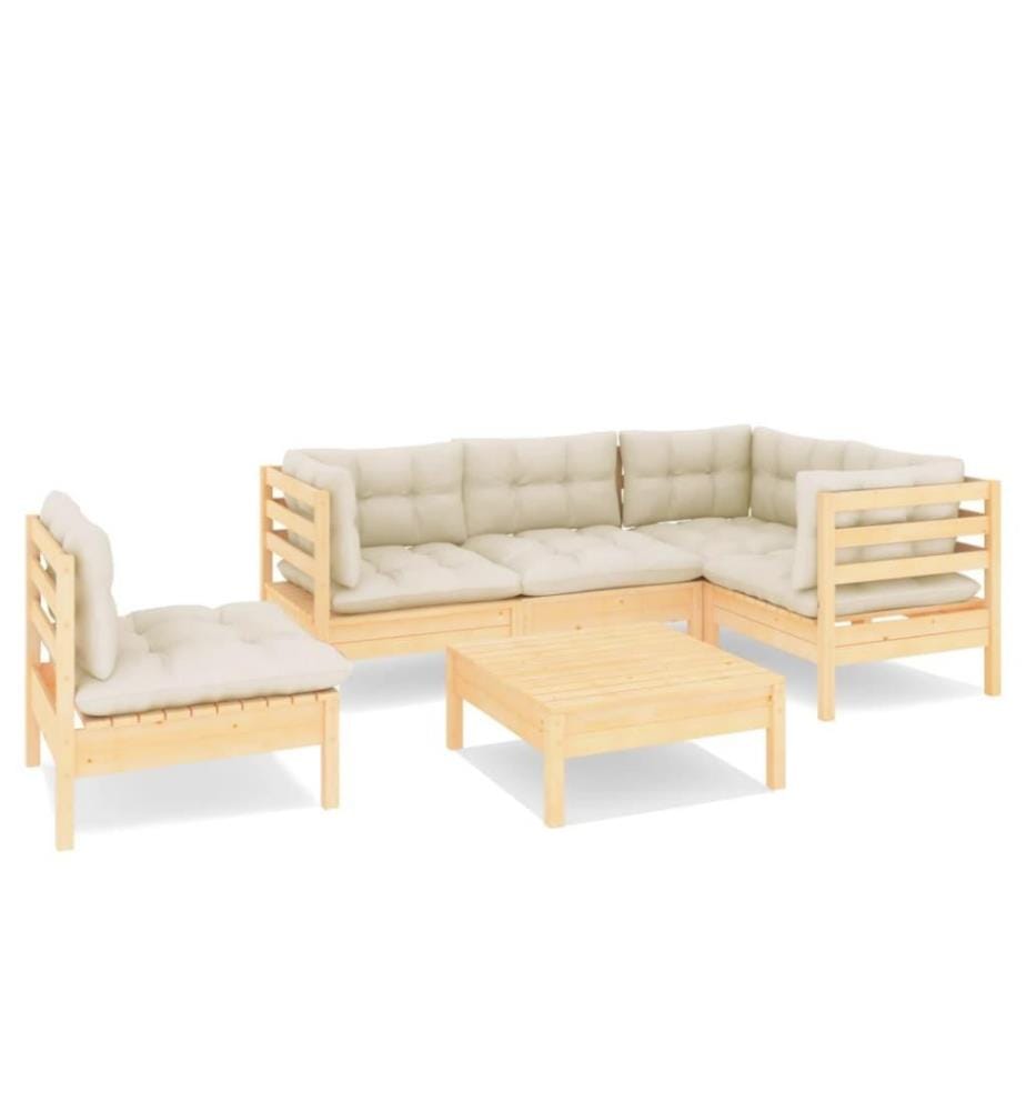Salon de jardin 6 pcs avec coussins crème Bois de pin