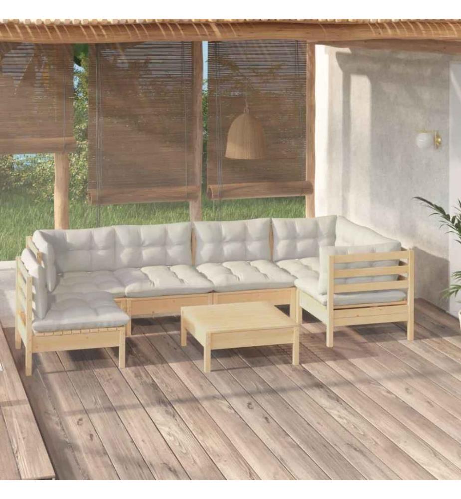 Salon de jardin 7 pcs avec coussins crème Bois de pin