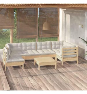 7-tlg. Garten-Lounge-Set mit Creme Kissen Kiefernholz