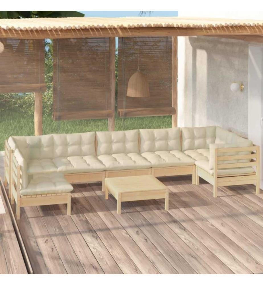 Salon de jardin 8 pcs avec coussins crème Bois de pin