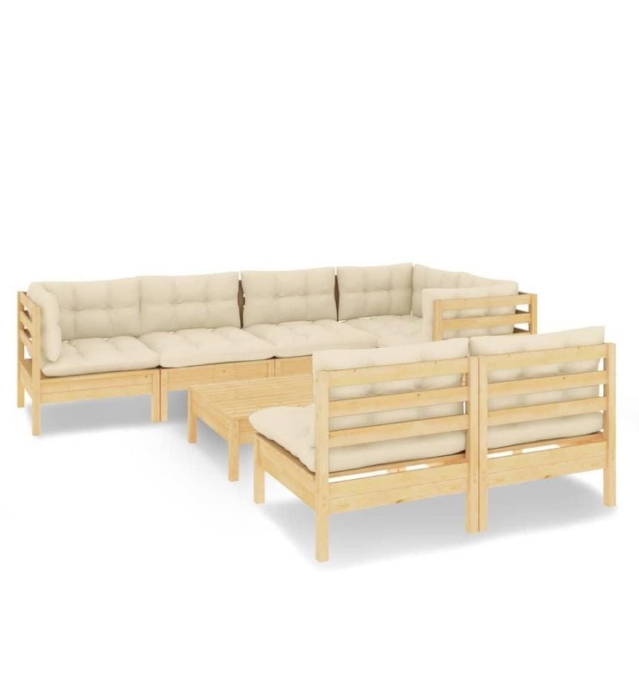 Salon de jardin 8 pcs avec coussins crème Bois de pin massif
