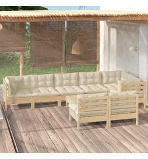 Salon de jardin 9 pcs avec coussins crème Bois de pin massif