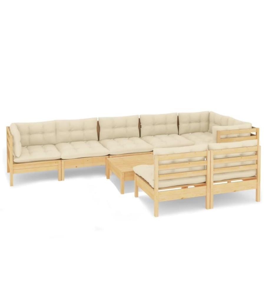 Salon de jardin 9 pcs avec coussins crème Bois de pin massif